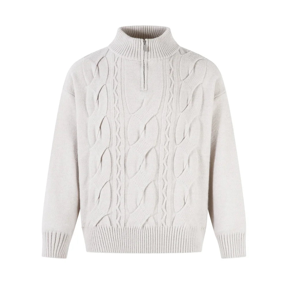Solid Color Jacquard Sweater Mens Autumn Winter Casual Loose Half Zipper Long Sleeve Sweater Man