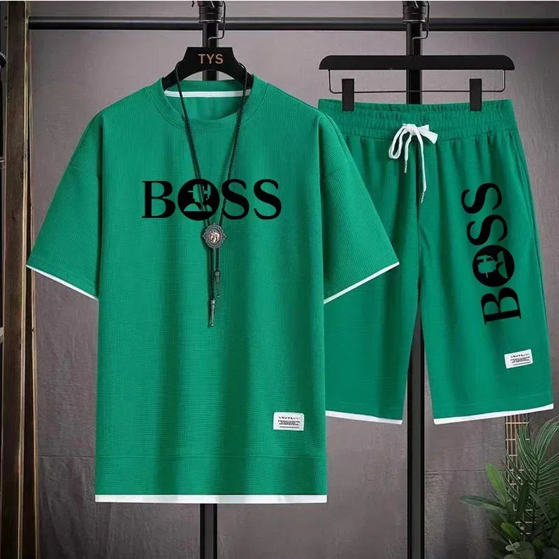 Fashion men's casual sports set new 2025 summer outdoor breathable round neck men short sleeve T-shirt + shorts two sets