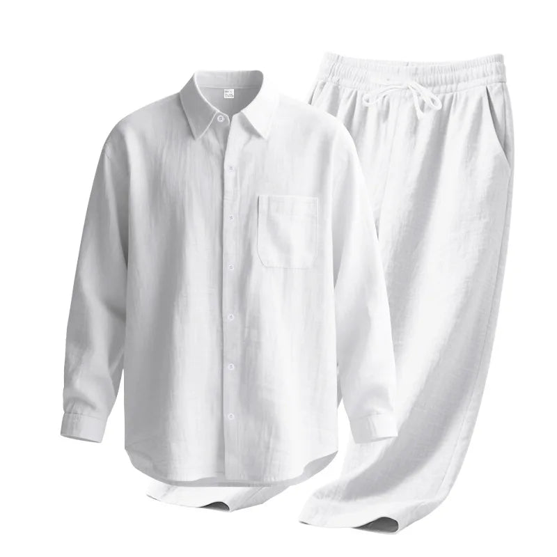 Men's Autumn Loose Trend Linen Solid Color Simple Lapel Long-Sleeved Shirt Beach Trousers Set