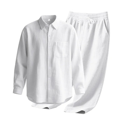 Men's Autumn Loose Trend Linen Solid Color Simple Lapel Long-Sleeved Shirt Beach Trousers Set
