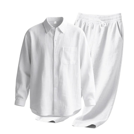 Men's Autumn Loose Trend Linen Solid Color Simple Lapel Long-Sleeved Shirt Beach Trousers Set
