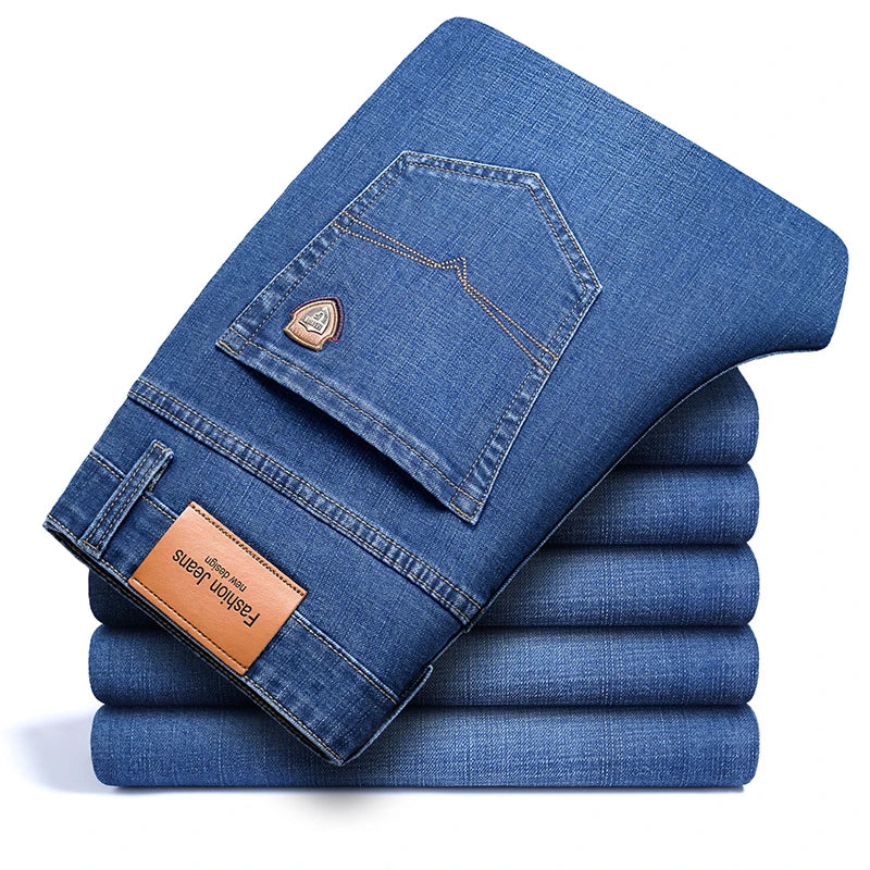Men's Straight Jeans - Business Casual Stretch Denim Pants With Badge Decoration