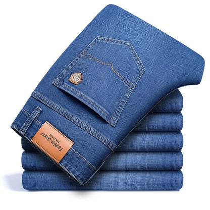Men's Straight Jeans - Business Casual Stretch Denim Pants With Badge Decoration