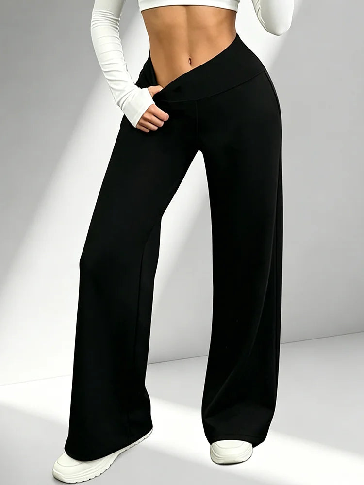 Women's High-Waisted Wide-Leg Workout Pants, Black Classic Yoga Pants, Straight-Leg Jogging Pants, for Fitness and Daily Casual