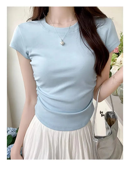Women's Basic Solid Crop Top Short Sleeve Crewneck Skinny T-shirt Summer Casual Y2K Vintage Harajuku Streetwear