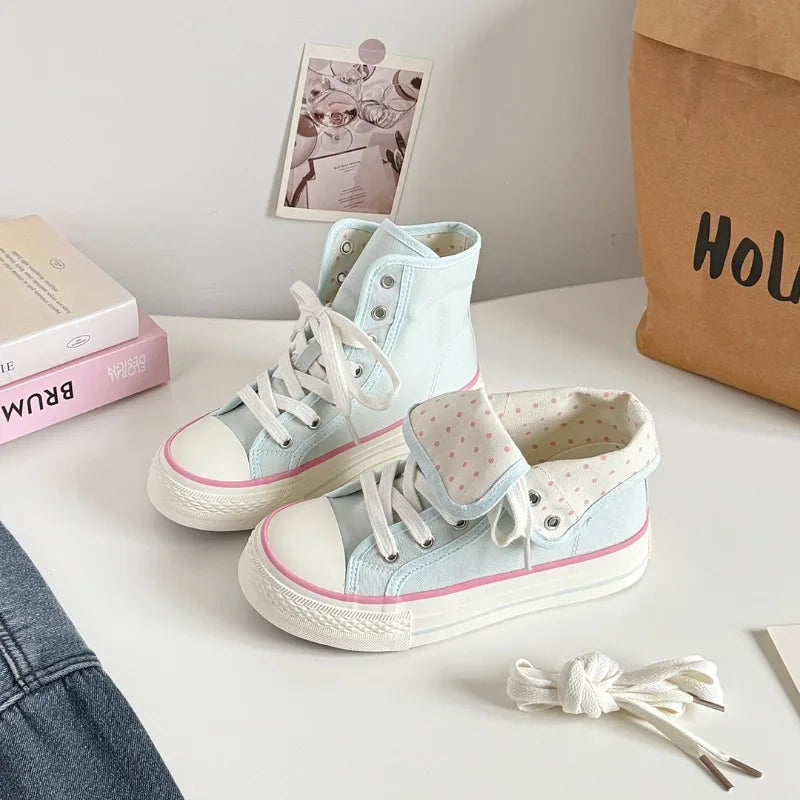 Women's High Top Platform Canvas Sneakers Polka Dot Foldable Collar Lace Up Breathable Korean Style Casual Shoes Fall 2026