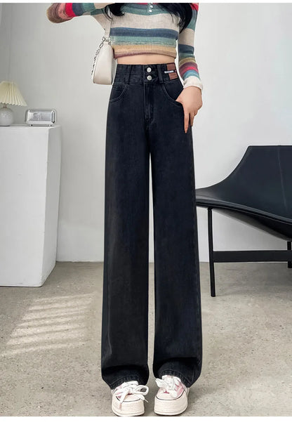 Slim Wide Leg Denim Jeans High Waist Double Bule Straight Cut Pants for Women Bla ey Autumn New Arrival Faionable Wea...