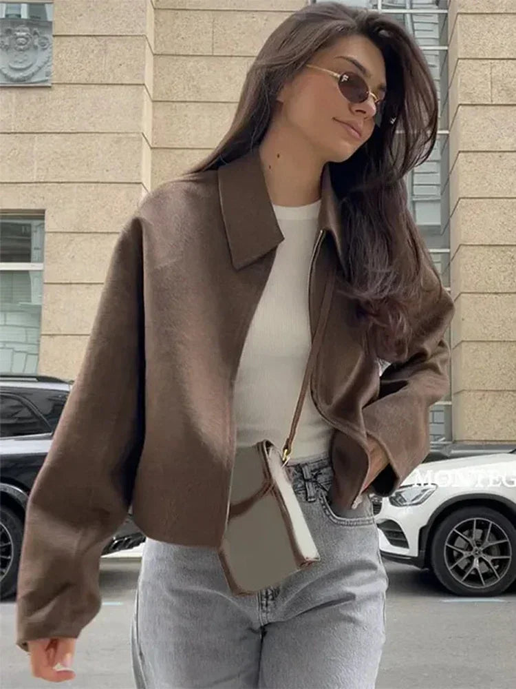 Brown Woolen Jacket - Women's Outerwear Zipper Coat With Elegant Lapel