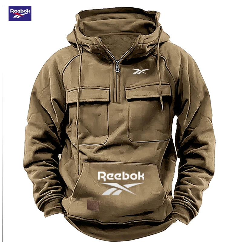 2026 Reebok Logo Multi-Pocket Design Hoodie - The Top Choice for Fashionable Autumn and Winter, a Semi-Zippered Hooded Comforta