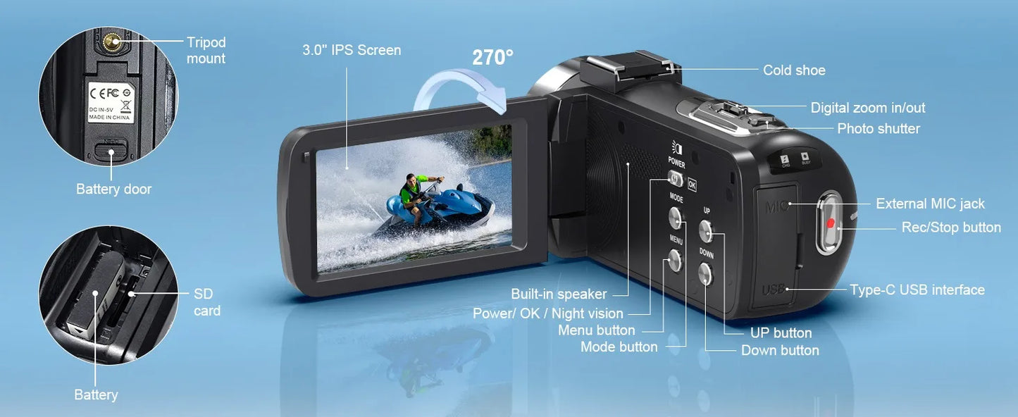 4K Video Camera Ultra HD Digital Camcorder | 80MP Photo Camera With Night Vision