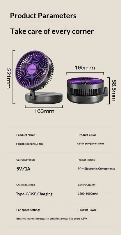 5000mAh Foldable Glow-in-the-Dark Fan Wall Mount Portable Quiet High-Speed Air Circulation Fan for Students Office Desk Fan