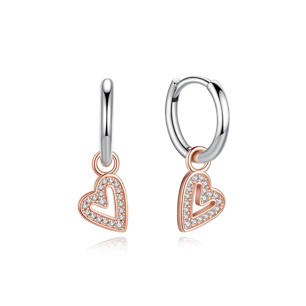 925 Sterling Silver Earrings – Crystal Zircon Studs With Rose Gold Heart & Bee Design