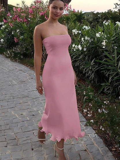 Sleeveless Ruffle Bodycon Midi Dress - Womens Solid Party Clubwear for Autumn Winter