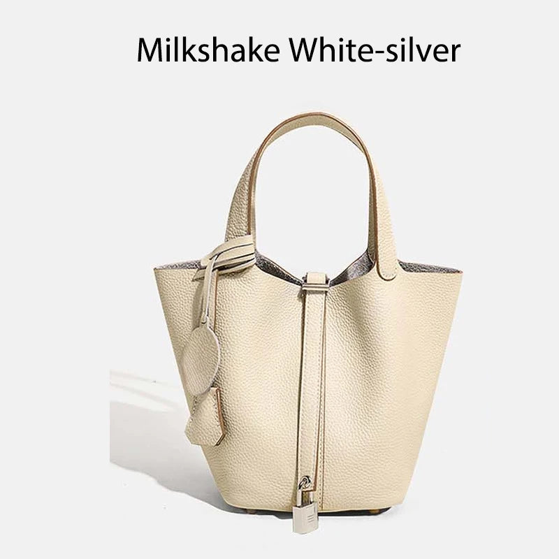 Women Leather Bucket Bag - Genuine Leather Handbag | Large Tote Bag With Silver Hardware
