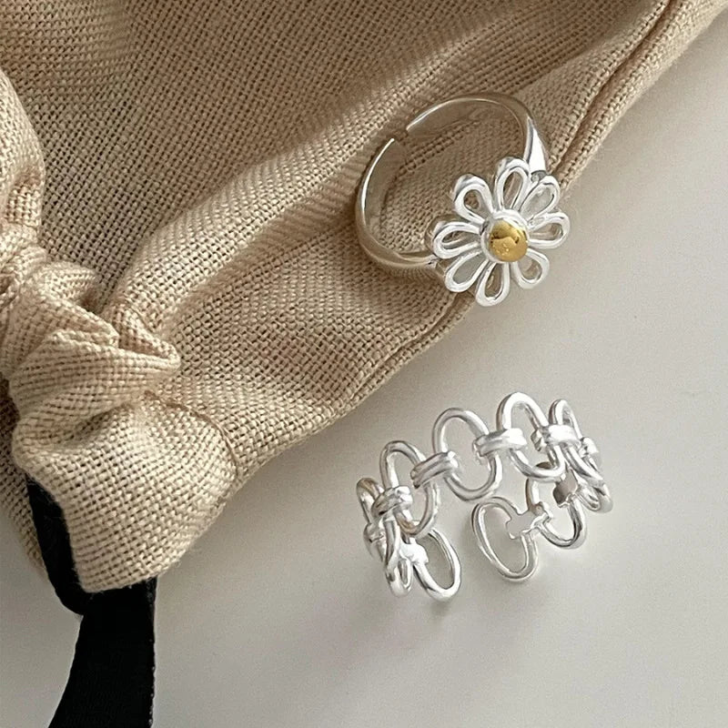 Sterling Silver Rings Adjustable Vintage Hip Hop Couples Silver Bands | Hollow Line Design