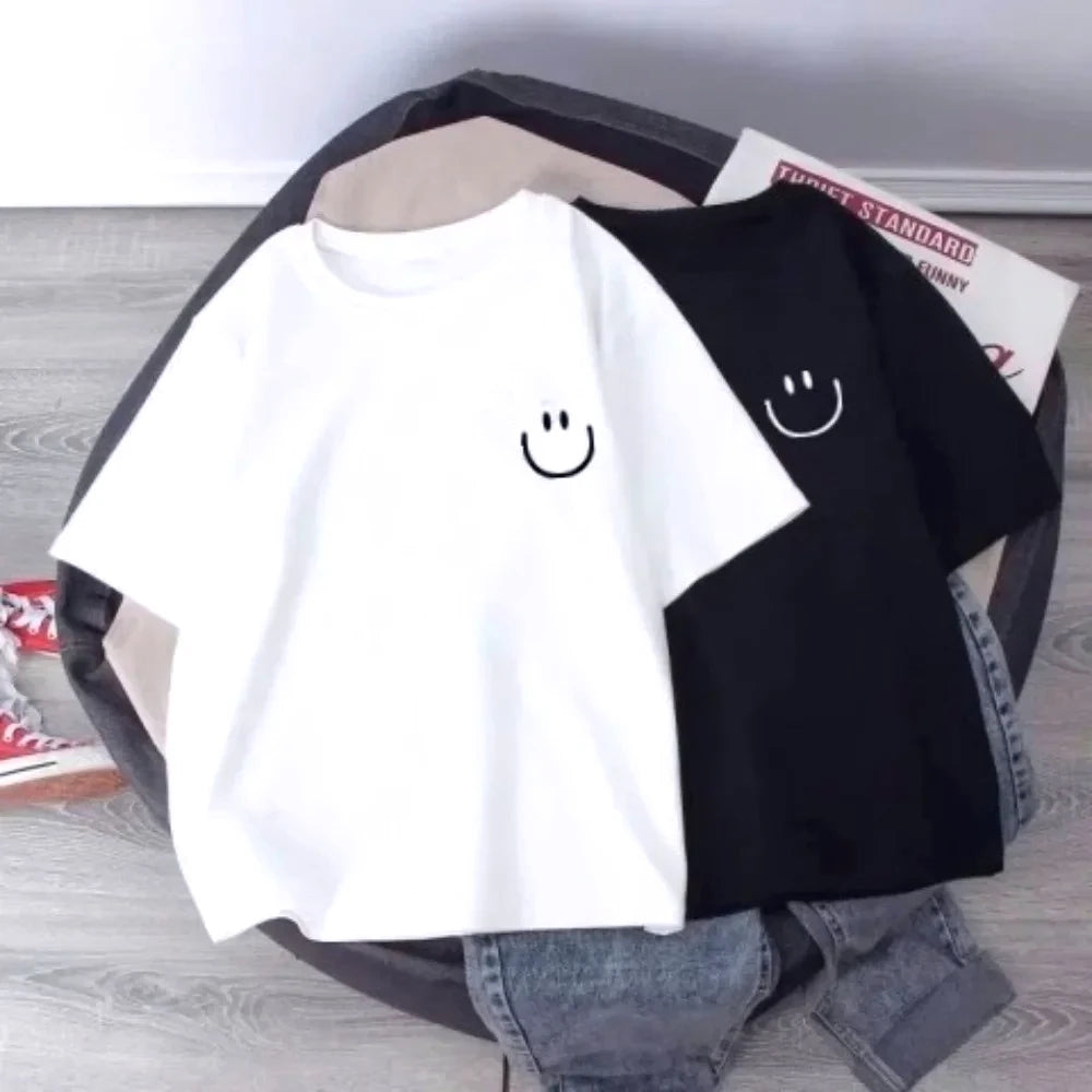 Girls Smiling Face T-Shirt Soft Cotton Loose Fit Kids Tees Summer Kawaii Casual Short Sleeve Top