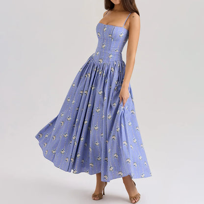 Summer Midi Dress - Women's Floral Print Elegant Camisole Fit and Flare Holiday Dress
