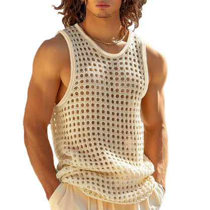 Men s Breathable Sleeveless Tank Tops Fashionable Hollow Out Crew Neck Casual Solid Cool Stylish T-Shirt for Summer