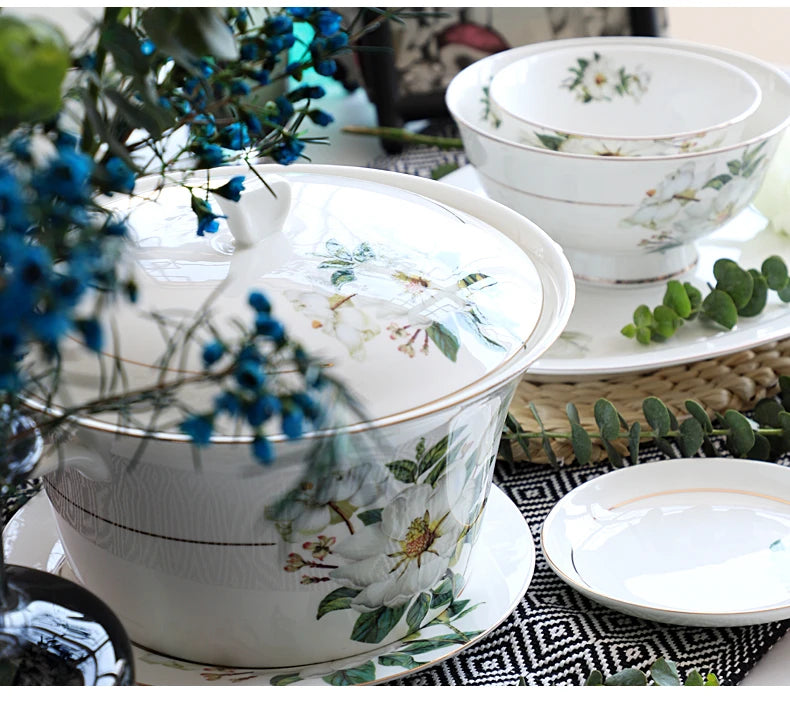 Bone China Dinnerware Set - Floral Ceramic Plates Bowls  Soup Pots