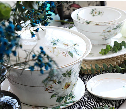 Bone China Dinnerware Set - Floral Ceramic Plates Bowls  Soup Pots