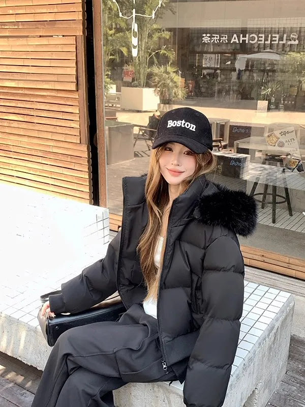Hooded Puffer Jacket Women Winter Thick Warm Short Coat With Fur Collar Cinched Waist Plush Casual Sweet Streetwear Outerwear