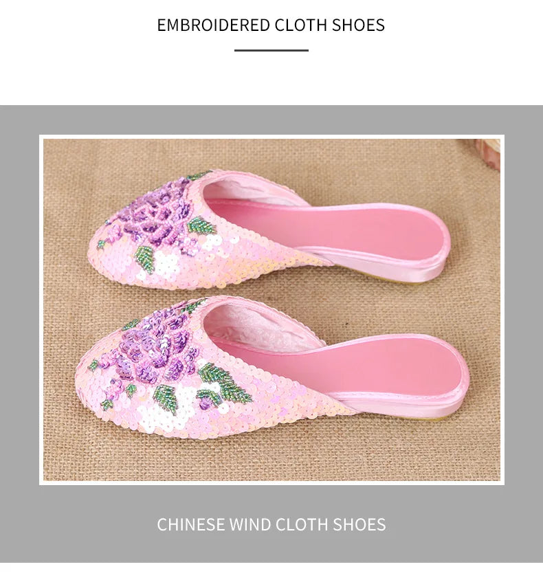 36-40 Women Slippers Sequin Embroider Shoes Summer Silk Fabric Flats Flower Closed Toe Soft Sole Non-slip Chinese Style Footwear