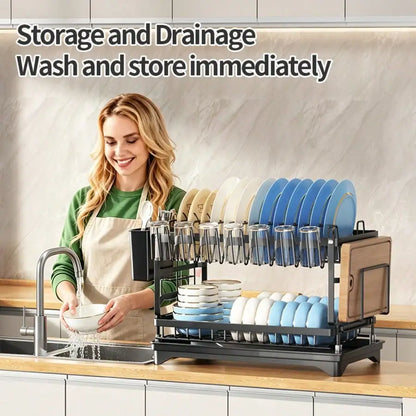 Kusuxva This Double-Layer Metal Kitchen Countertop Dish Rack Is Space-Saving And Durable. It Comes With A Knife And Fork Holder,