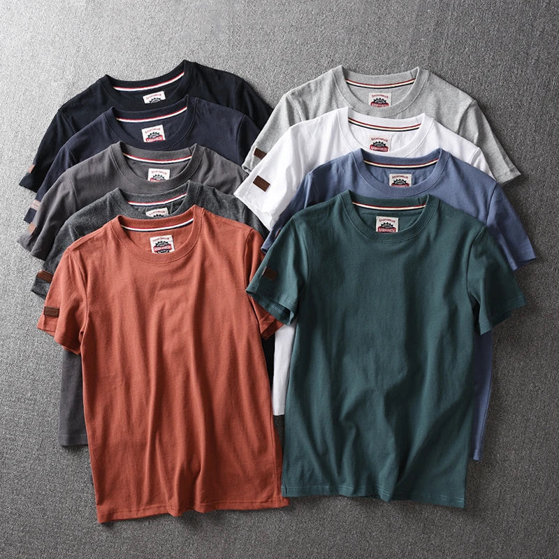 Summer New American Retro Short-sleeved O-neck Solid Color T-shirt Men's Fashion Simple 100% Cotton Washed Casual Sport Tops