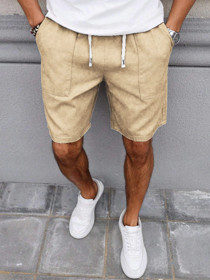 Summer Men's Retro American Style Shorts with Drawstring Casual Pants Included Solid Color Trendy Mid-Length Men's Shorts