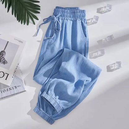 Plus Size Ice Silk Denim Pants Yoga Sports Thin Loose Style Women's Summer Casual Wide Leg Pants Harajuku Style Loose Waist