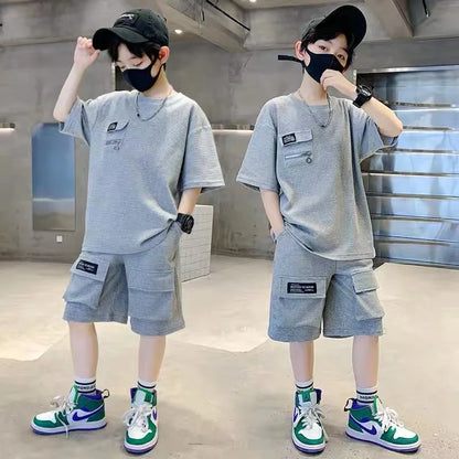 Summer Boys Sets Kids Sports Suit New Fashion Outfit Children's Short-Sleeved Top Shorts 2 Pieces 2025 Teenage Casual Clothes