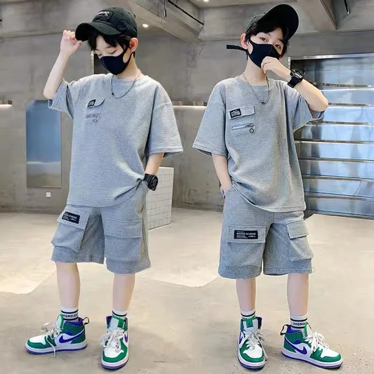 Summer Boys Sets Kids Sports Suit New Fashion Outfit Children's Short-Sleeved Top Shorts 2 Pieces 2025 Teenage Casual Clothes