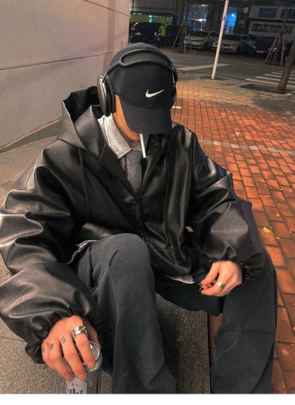Mauroicardi Spring Autumn Short Oversized Black Soft Pu Leather Jacket Men with Hood Zipper Loose Casual Korean Fashion Clothes