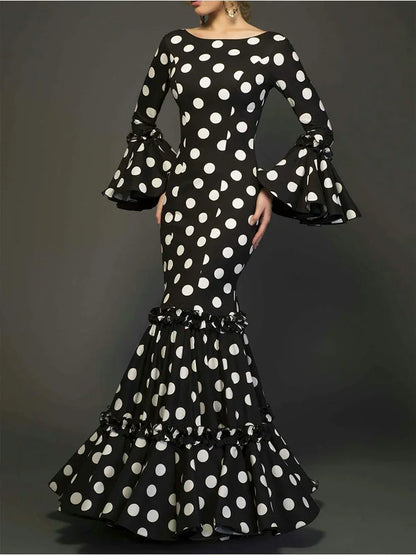 Ladies Evening Dress - Vintage Trumpet Sleeve Polka Dot Floor-Length Gown