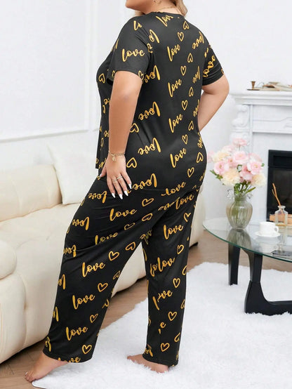 Women's Plus Size Sleepwear Heart Letters Print Pajama Set Casual Short-Sleeve Top and Pants Comfortable Relaxed Fit Loungewear