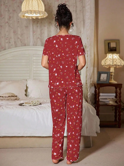 New European and American style loose-fitting women's pajamas, floral short-sleeved long pants home wear, casual two-piece set s