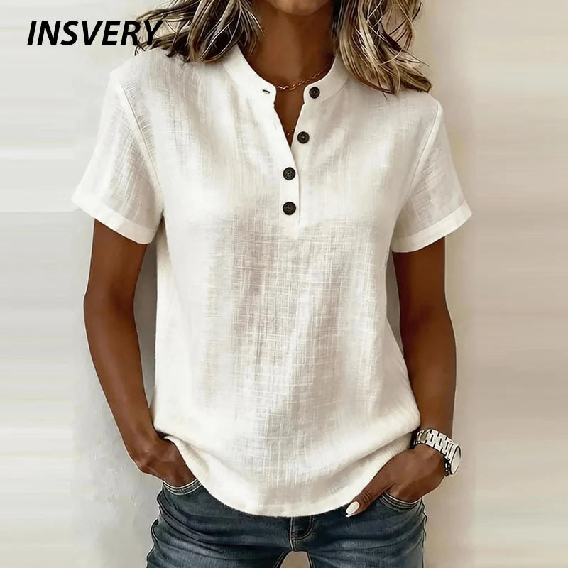 Summer Short Sleeve Basic Blouses Women's Shirts Solid Color V Neck Button Shirts Women Casual Cotton Linen Loose Tops Pullover