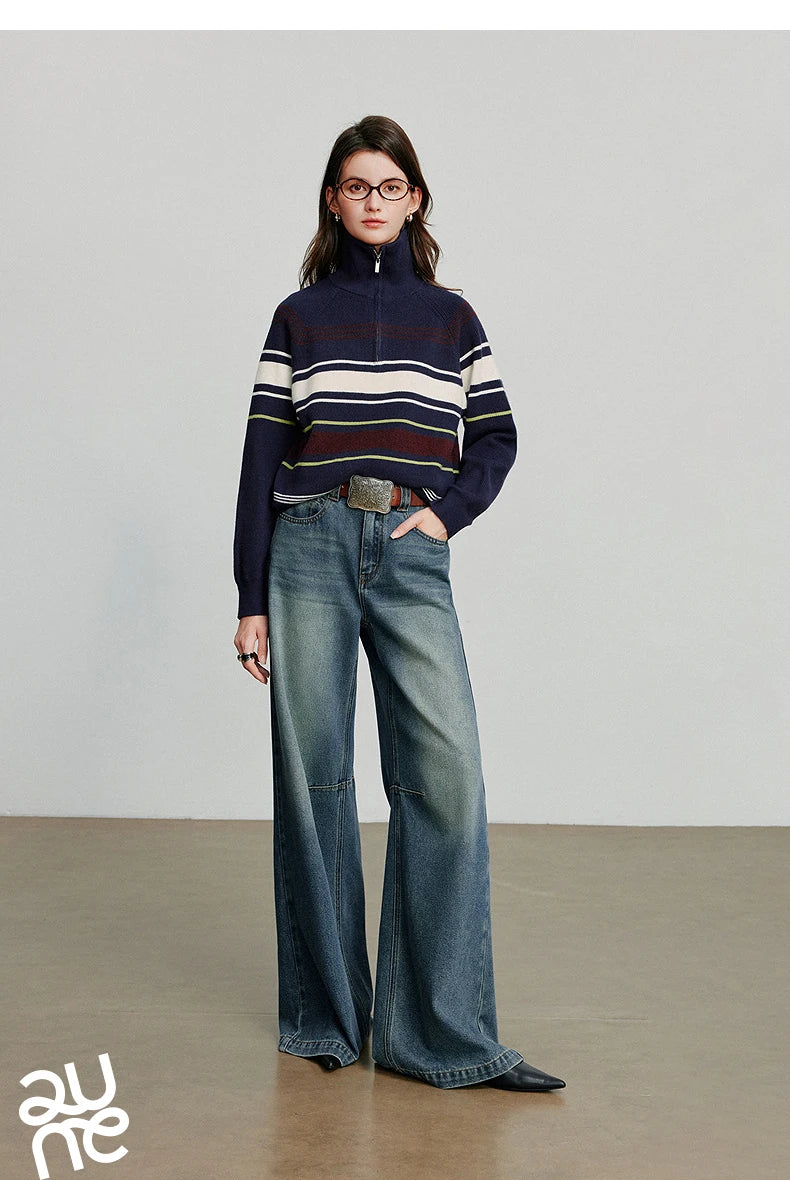 TOYOUTH Women Knitted Sweater 2026 Autumn New Fashionable Style Striped Zipper High Collar Woolen Pullover Sweater Tops