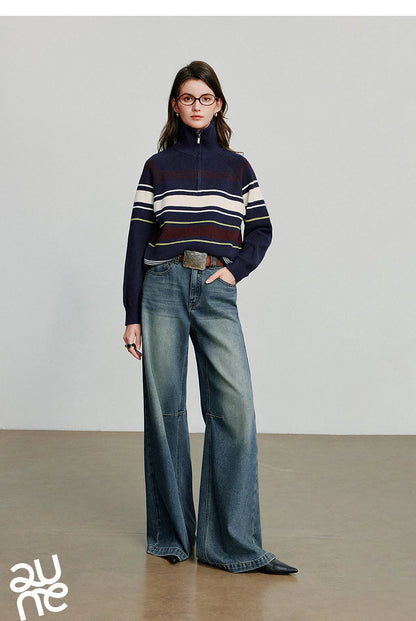 TOYOUTH Women Knitted Sweater 2026 Autumn New Fashionable Style Striped Zipper High Collar Woolen Pullover Sweater Tops