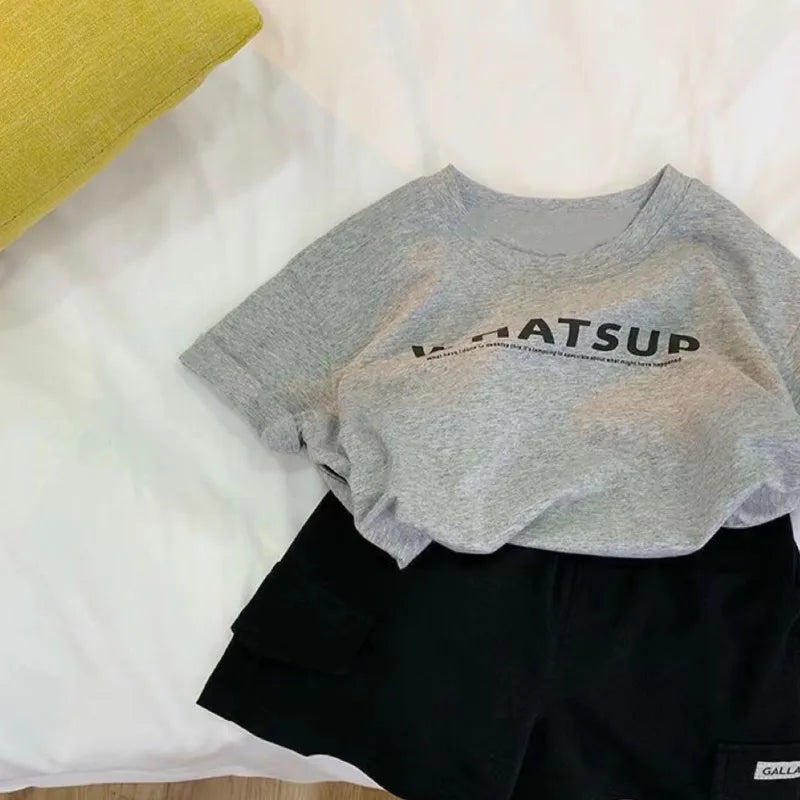 Toddler Boy Girl Tshirt Cotton 26 Spring Summer Children Big Kid Clothes Short-sleeve Letter Print Round-neck Top 2-12 Years