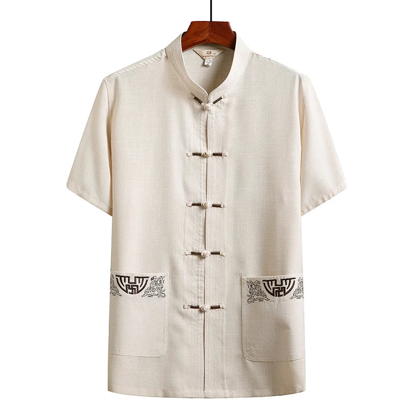 Cotton and Linen (Top + Pants) Elderly Men Gold Silk Pan Buckle Pocket Embroidered Tang Dress Han Dress Lay Tai Chi Suit Set