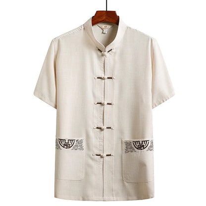 Cotton and Linen (Top + Pants) Elderly Men Gold Silk Pan Buckle Pocket Embroidered Tang Dress Han Dress Lay Tai Chi Suit Set