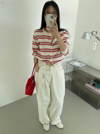 Spring New Classic Striped round Neck Button up Soft Knitted Open Cardigan Fashionable Design Sensation Women's Sweater
