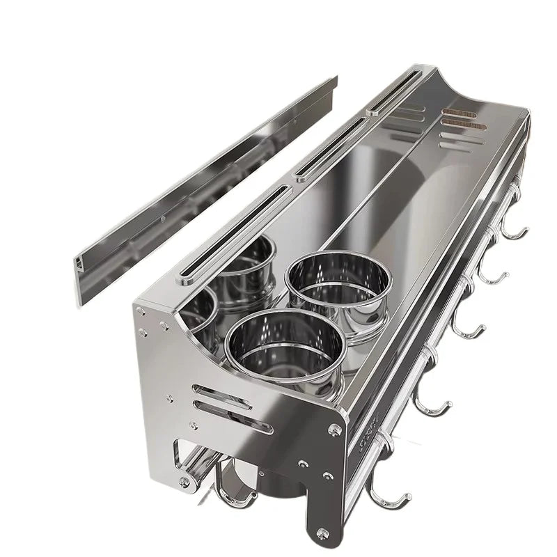 Stainless Steel Wall-Mounted Kitchen Storage Rack No-Drill Spice Shelf Knife Holder Condiment Organizer for Kitchen Counter