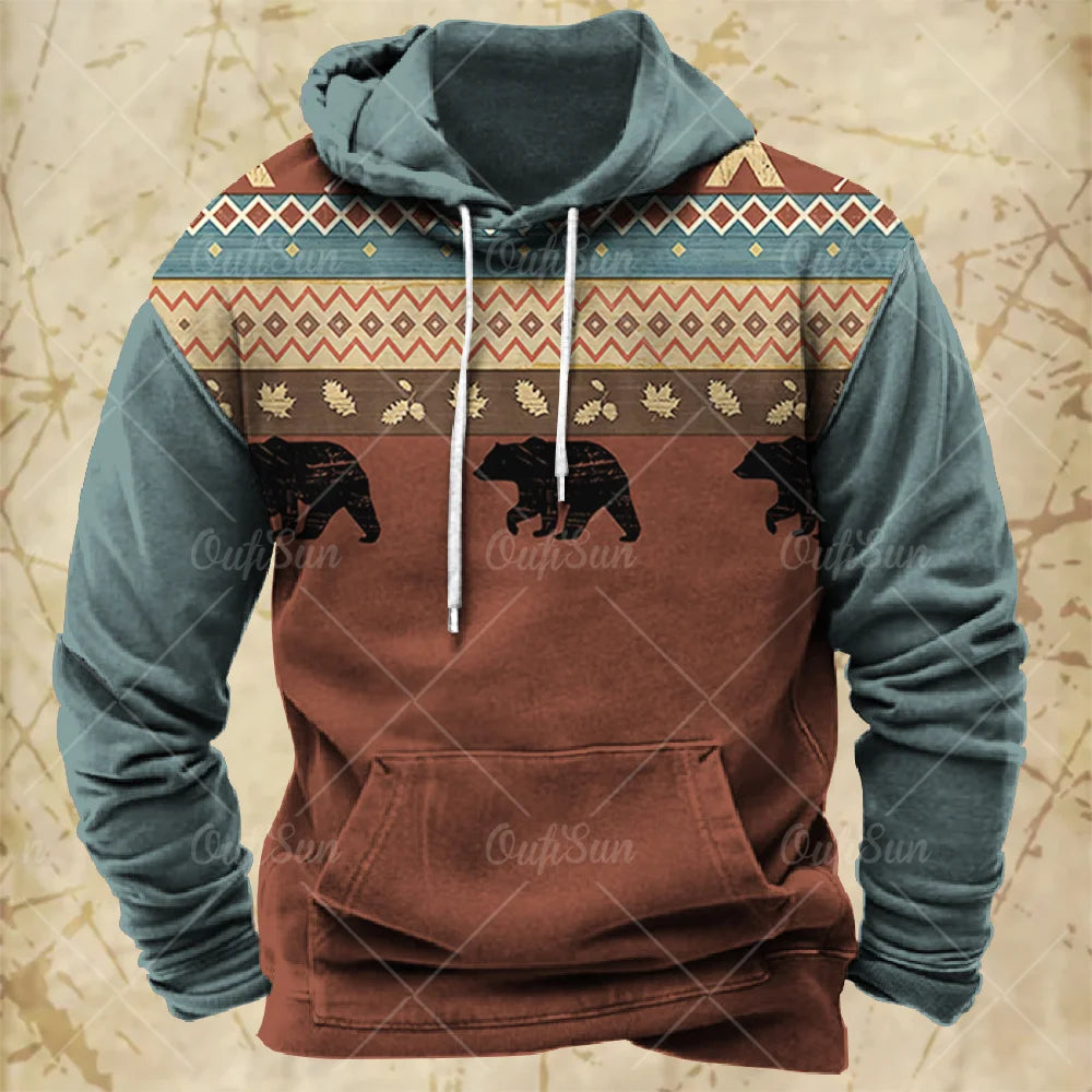 Men Hooded Vintage Print  Sweatshirt Ethnic Style Hoodie Autumn and Winter Oversized Casual Men's Clothing Daily Street Pullover
