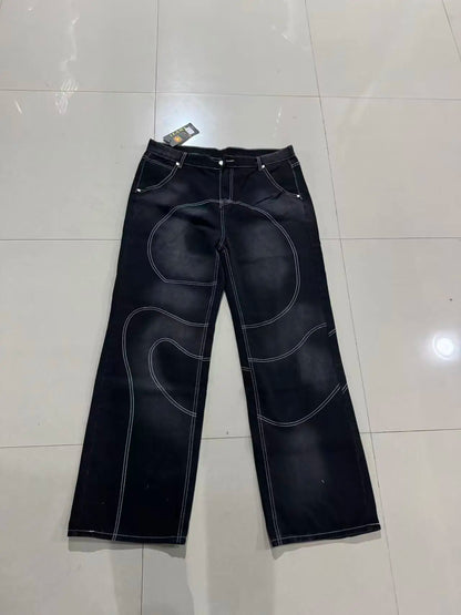 Y2K New Retro Centipede Embroidery Pattern Washed Oversized Wide-Leg Pants Street Gothic Harajuku Floor Pants For Men and Women
