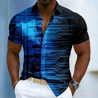 Men's color-blocked abstract striped short-sleeved shirt, summer fashion casual men's shirt, Hawaiian shirt, sizes XS-6XL.