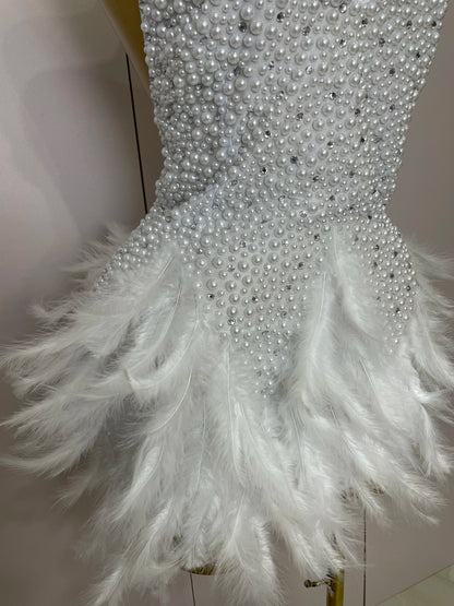 Backless Halter Dress - Women's Party Mini Sheath With Rhinestone & Feather Details
