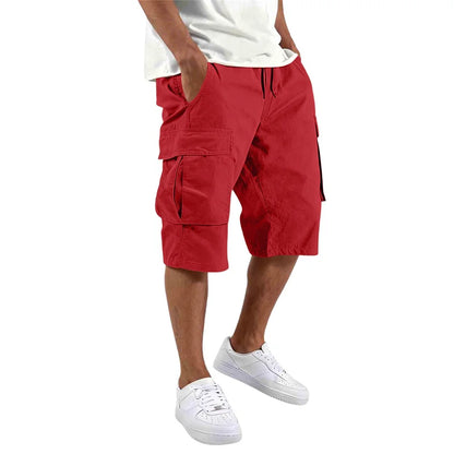 2026 Summer men loose straight pants Casual multi-pocket Shorts pure color fashion Men Shorts drawstring daily cargo short pants