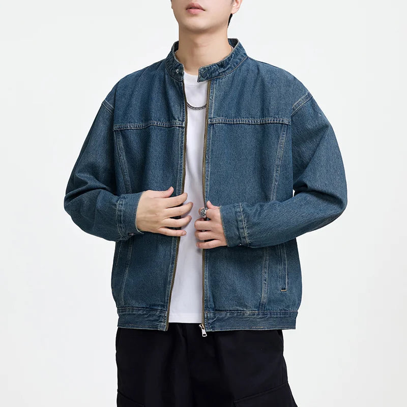 Men's Casual Non-Stretch Denim Jacket High Street Style Zipper Loose Workwear Jacket Plus Size Trendy Streetwear Top